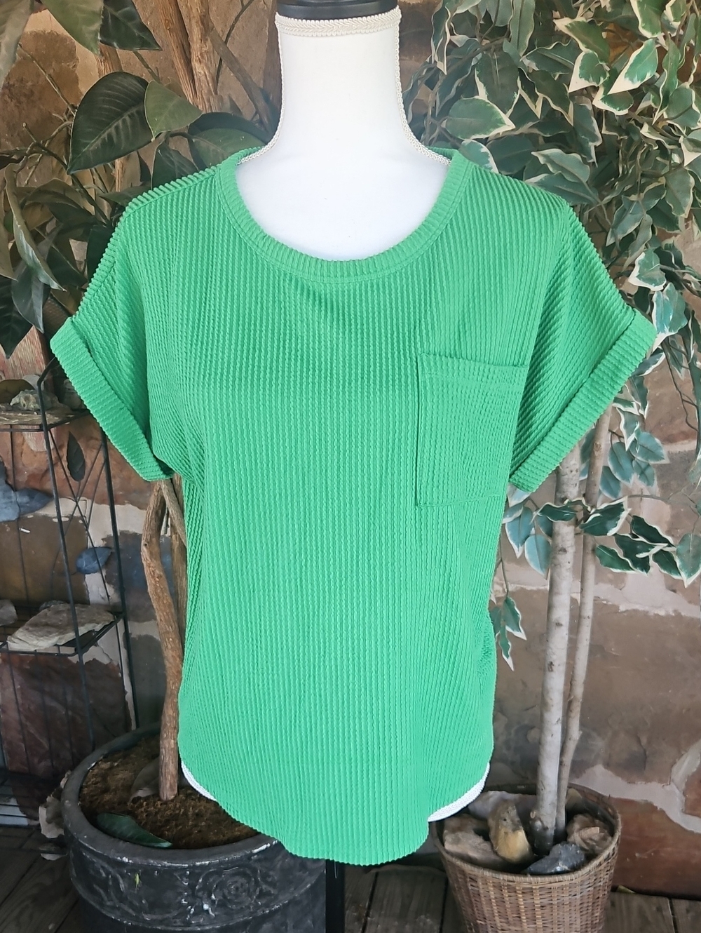Ribbed Green Short-Sleeve Pocket Tee